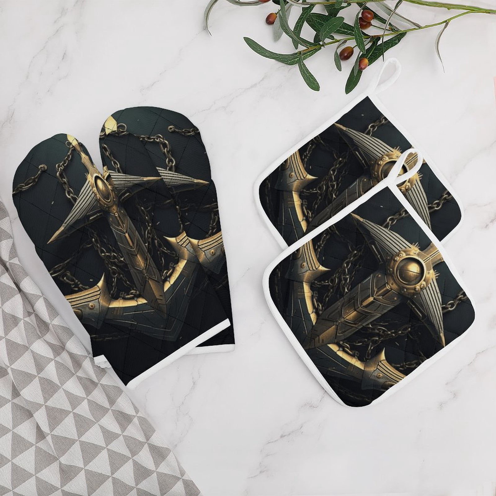 Anchor with Sailing Oven And Pot Holders Sets, Heat Resistant Pads Kitchen Decor for Cooking Baking BBQ Grilling, Christmas Kitchen Gifts