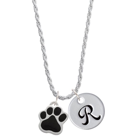 Delight Jewelry Silvertone Large Black Paw Silvertone Script Initial Disc - R - Charm Necklace, 20"+3"