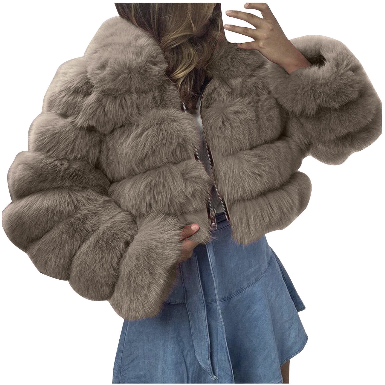 Brnmxoke Women's Faux Fur Cropped Jacket 2024 Fall Winter Fashion Soft Warm Fuzzy Teddy Jackets Long Sleeve Zip Up Fluffy Short Coat Outerwear Khaki,S