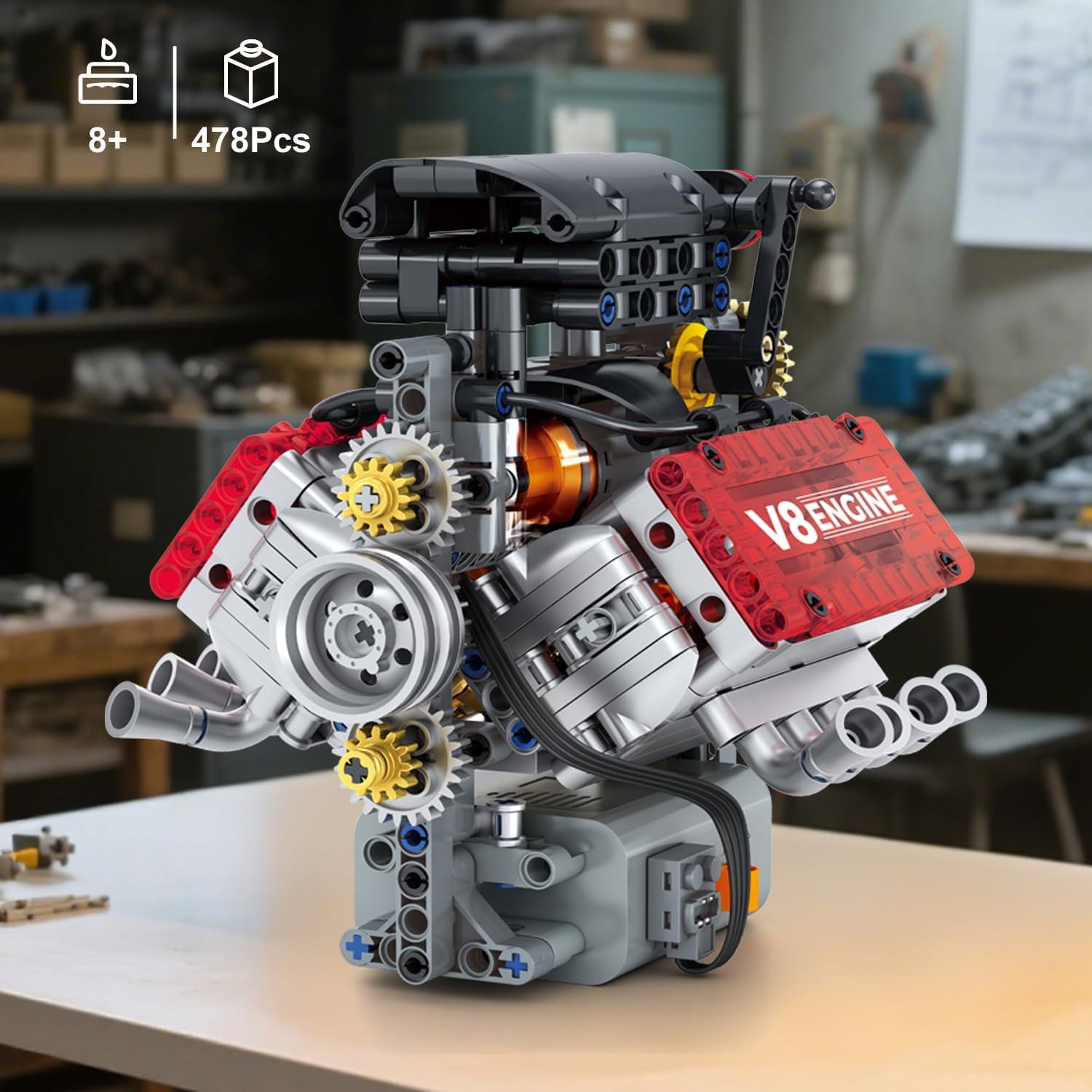 478PCS V8 Engine Building Set,V8 Engine Model kit that Run,Build Your Own STEM Mini V8 Model Engine Kit with Battery Box and L Motor,8-Cylinder Car Engine Building Engineering Toys for Kids Adults