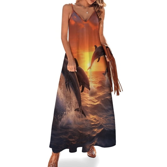 Sunset Jumping Dolphin Fine Art Sleeveless Dress Summer Dress Woman 2025