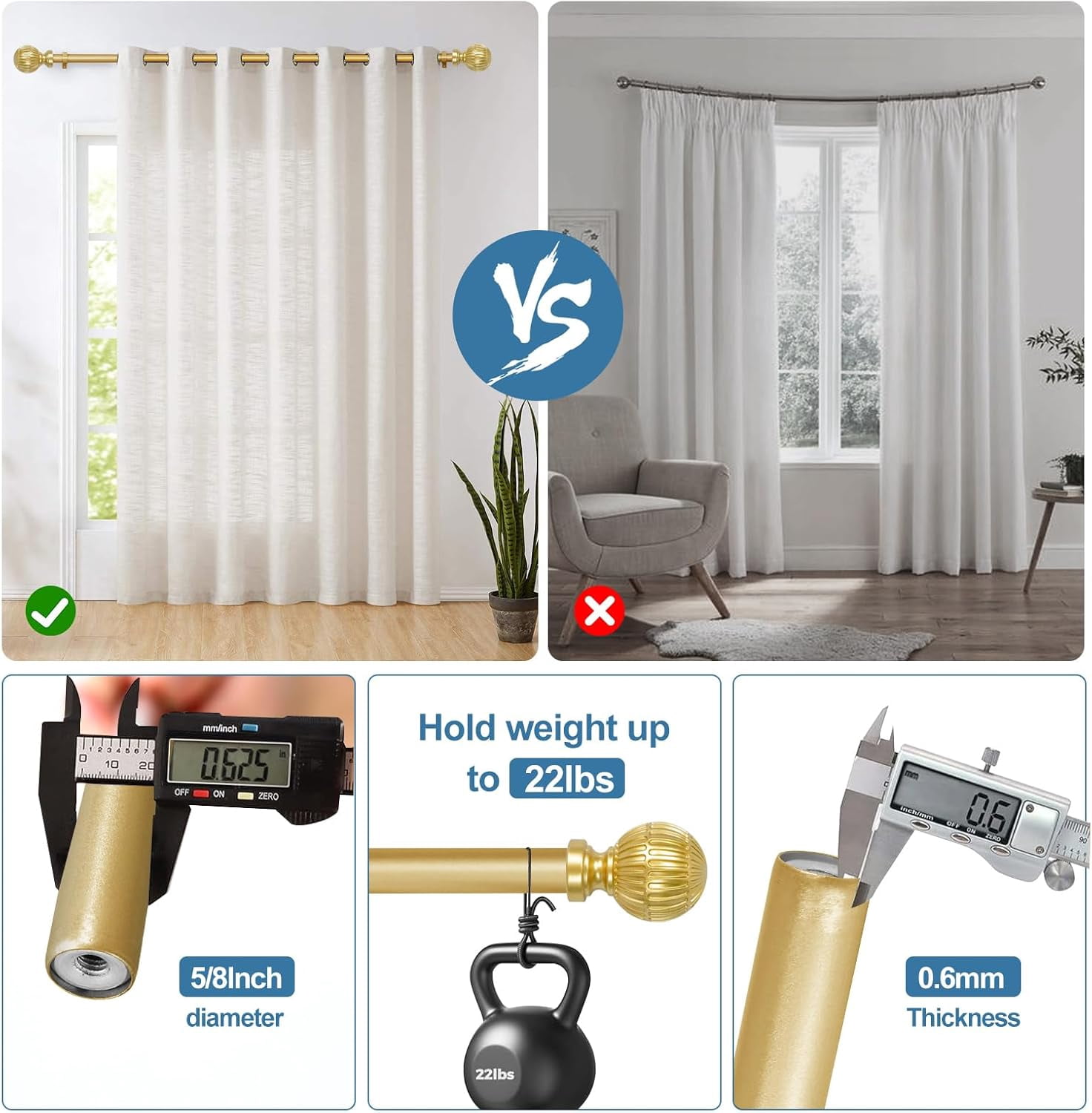 Urbanest Adjustable Volle Single Curtain Rod Set – 5/8 - Inch Diameter, With Gold Rod, 28–84 Inches
