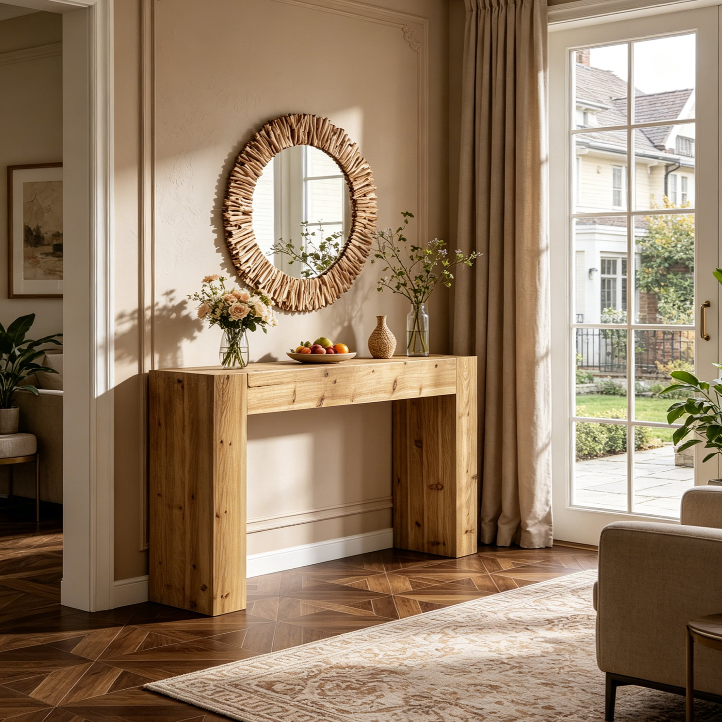 Fnova 63" Console Table, Wood Farmhouse Entryway Table, Long Narrow Accent Table for Living Room, Entrance, Hallway, Foyer, Light Brown