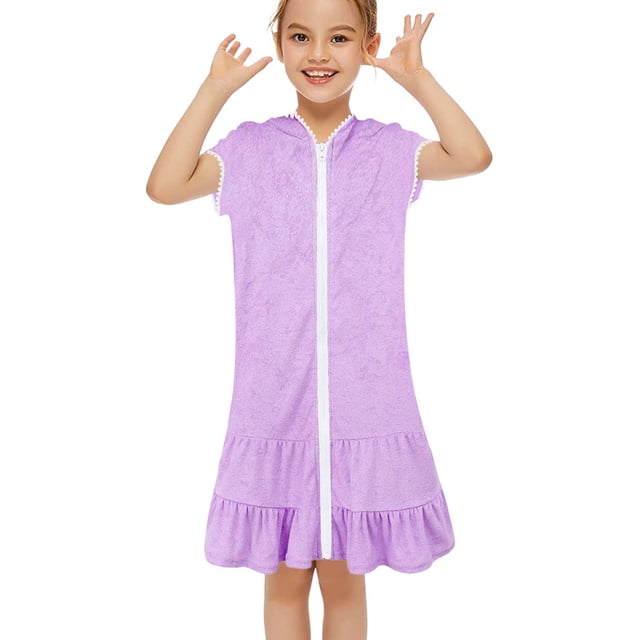 EnJoCho Fillette Tout-Petit Petite Fille Cache-Maillot de Bain en Éponge à Fermeture Éclair à Capuche Plage Maillot de Bain Paréos Fermeture Éclair Robe de Plage
