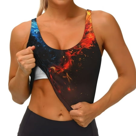 Qokaie Red And Blue Fire Bird Pattern Womens Scoop Neck Sports Bra Breathable Workout Vest Padded U Back Medium Impact Fitness Gym Yoga Bra Workout Crop Top