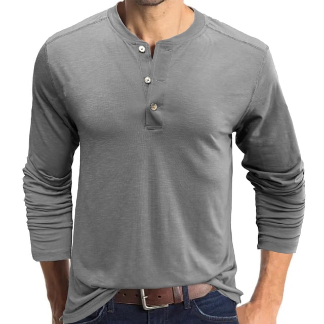 Long Sleeve Shirts For Men Long-Sleeve Tops Beefy Muscle Basic Solid Color Button Blouse Tee Shirt Top