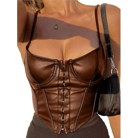 

Canis Women Corset Crop Top Spaghetti Strap PU Leather Bustier Push Up Cami