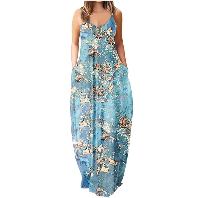 Robes pour Femmes Décontractées Sans Manches Grande Taille Amples Longues Maxi avec Poches Imprimé Boho Robe de Plage