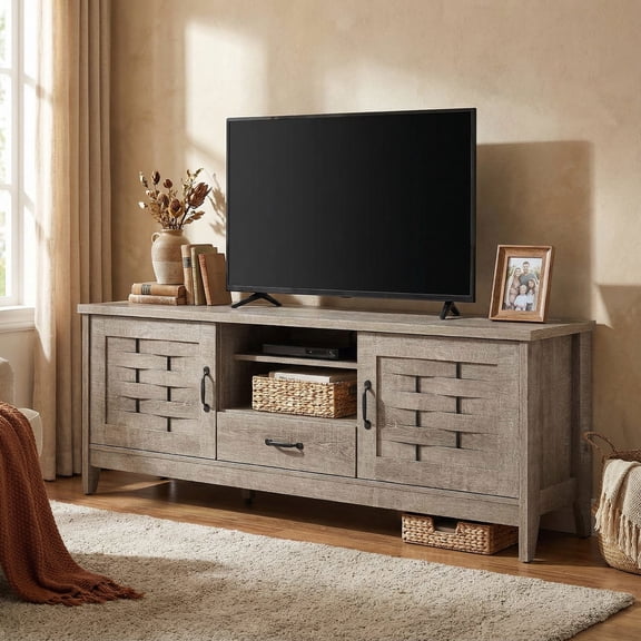 Resenkos Farmhouse TV Stand for 65 Inch TV, 2 Woven Accent Door 3 Adjustable Shelf Entertainment Center for Living Room, Oak