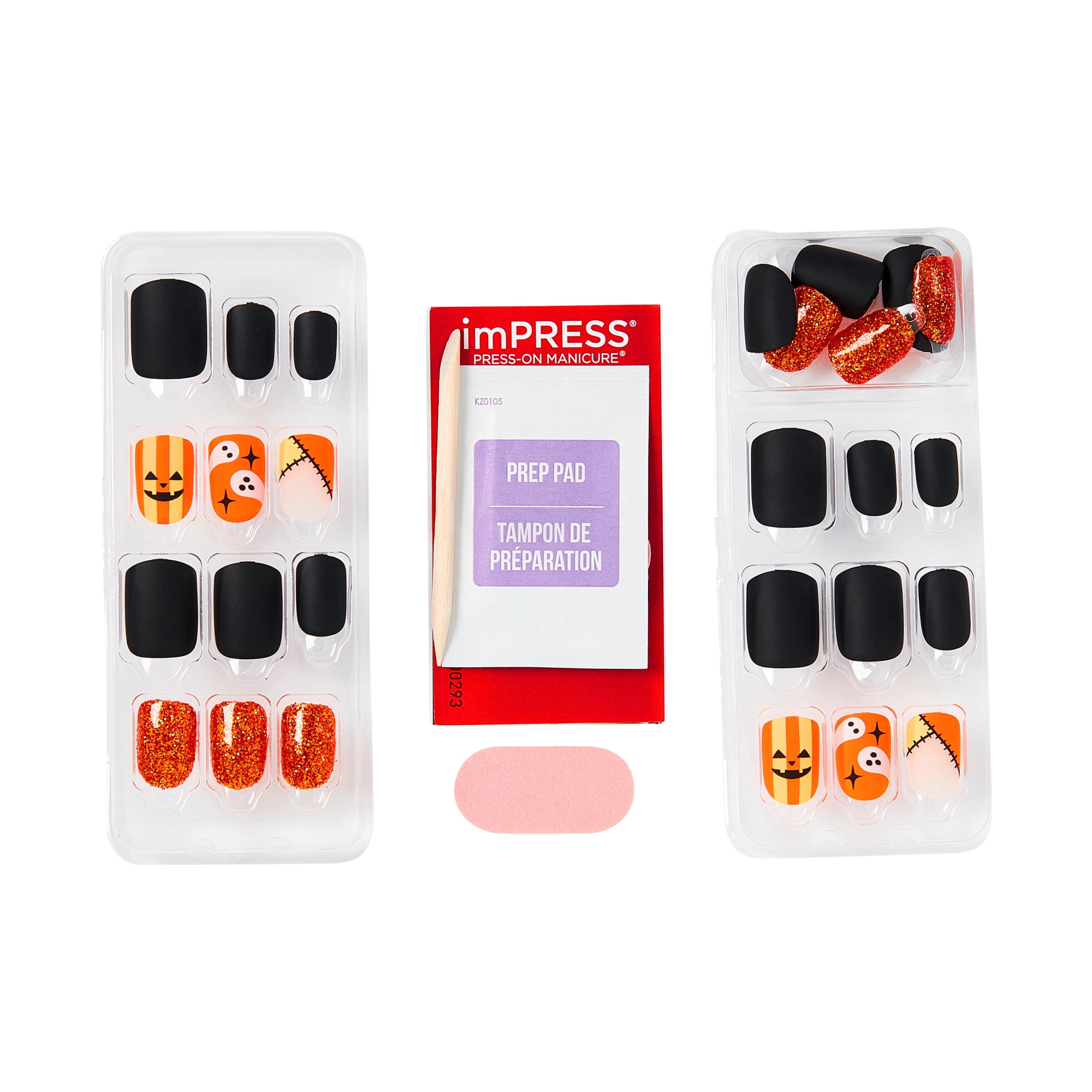 Kiss Impress Press On Nails Short, Halloween, ‘Dead Glam’, Orange & Black, Squoval, 30 Count