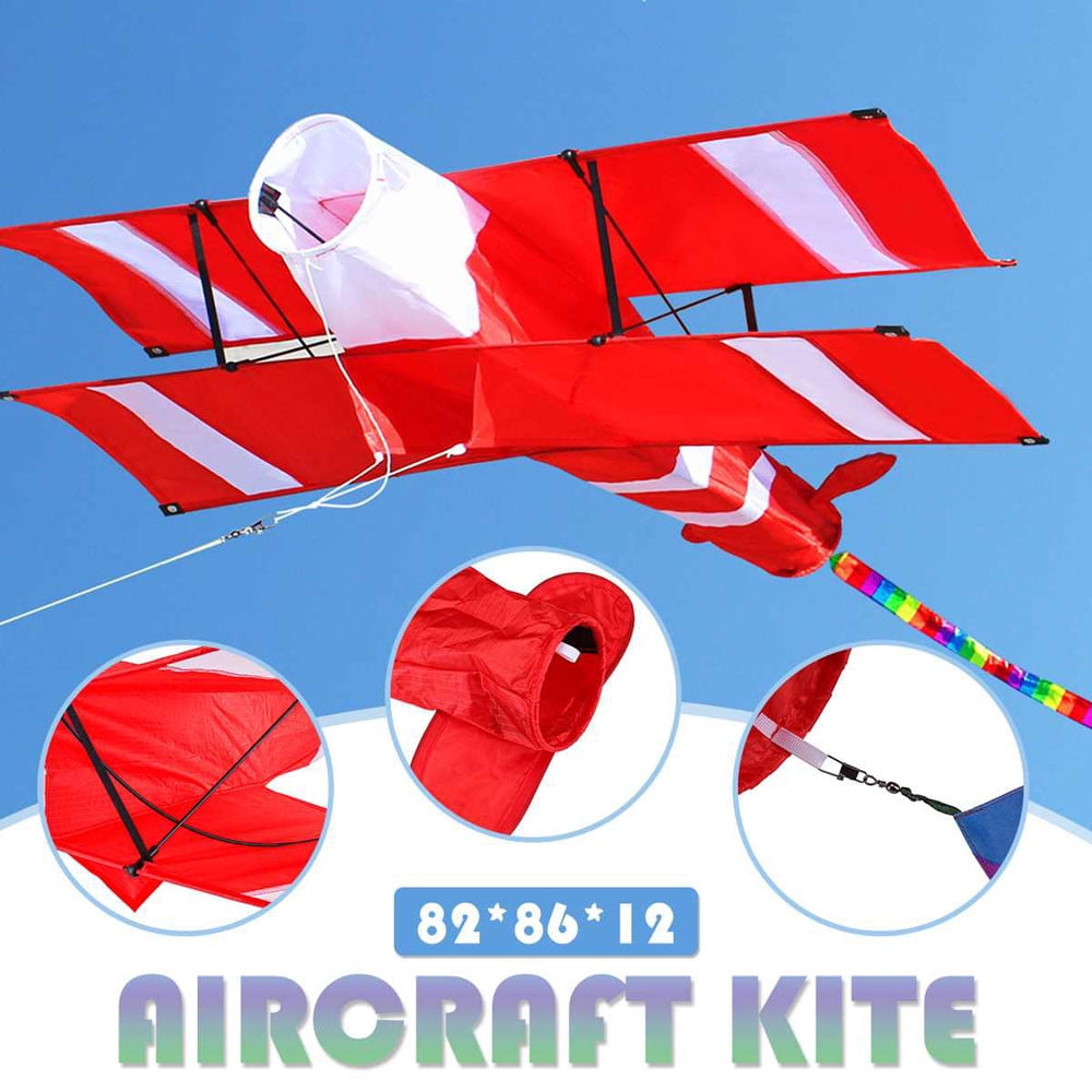 SIYTUAU Dual Wing Red White Airplane Kite With Long Tail Outdoor Sport Flying Toy For Beach Park Open Field Activities Weather Resistant Polyester Nylon Design as shown