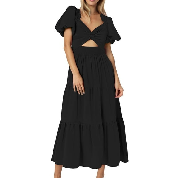 Youmylove Dresses for Women Solid V Neck Long Sleeve Puff Sleeve Dress Loose Swing