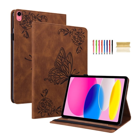 Feishell Smart Cover for iPad 10th Generation 10.9" (2022),Shockproof Butterfly & Flower Embossed Pattern PU Leather Folio Flip Card Slots Wallet Case Cover with Auto Wake Sleep,Brown