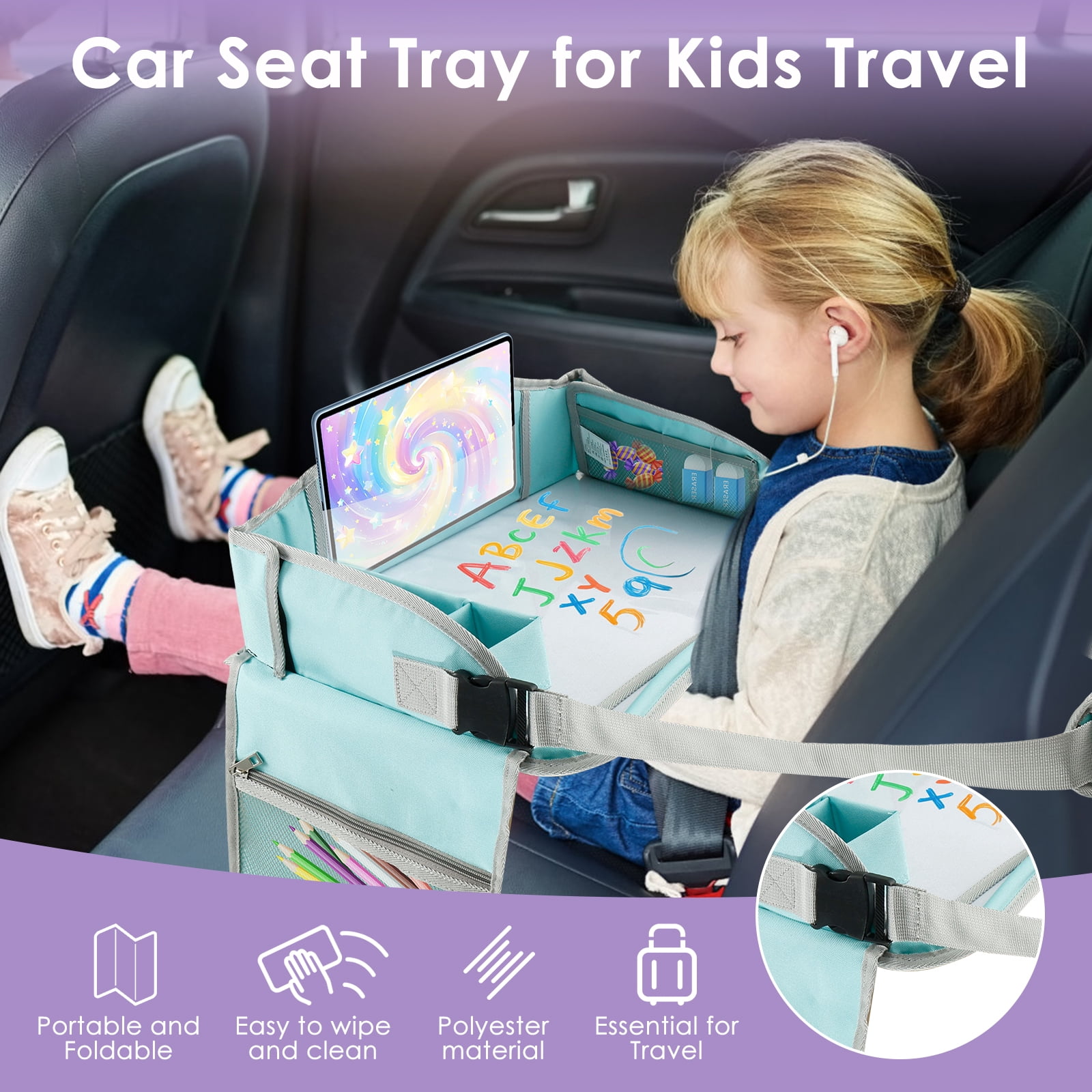Carseat Table Tray for Kids Polyester Made Portable Drawing Board with Padded Shoulder Strap for Road Trip Activities