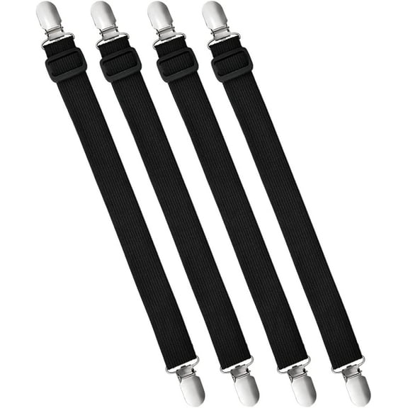 Bed Sheet Clips, 4Pcs Elastic Black&White Adjustable Sheet Suspenders Heavy Duty Sheet Holder Straps for Fitted Sheets, Sofa Covers, Couch, Tablecloths, Mattresses (Black)