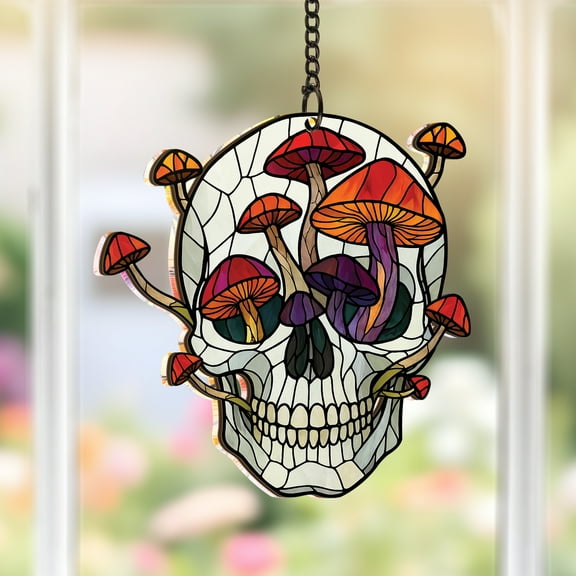 Lotusprinthandmade Skull with Mushroom Graphic Custom Shape Window Hanging Suncatcher 3.5in, skull and mushroom stained glass, mushroom skull window hanging