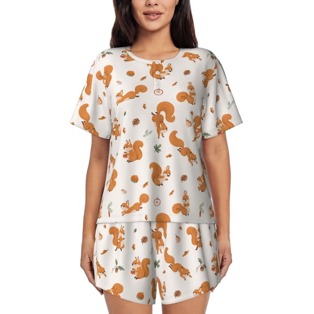 Fotbe Cute Squirrel Fall Conjunto de Pijama Estampado para Mujer, 2 Piezas, Ropa de Dormir con Camiseta de Manga Corta y Shorts Suaves-X-Large