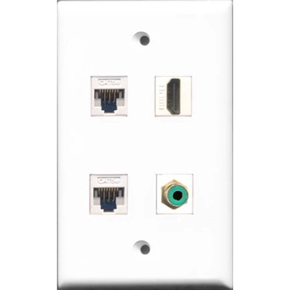 RiteAV - 1 Port HDMI and 1 Port RCA Green 2 Port Cat5e Ethernet White Wall Plate