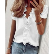 Women's Summer Solid Color Ruffles Short-Sleeved Plain V-Neck Splicing Slim Shirt