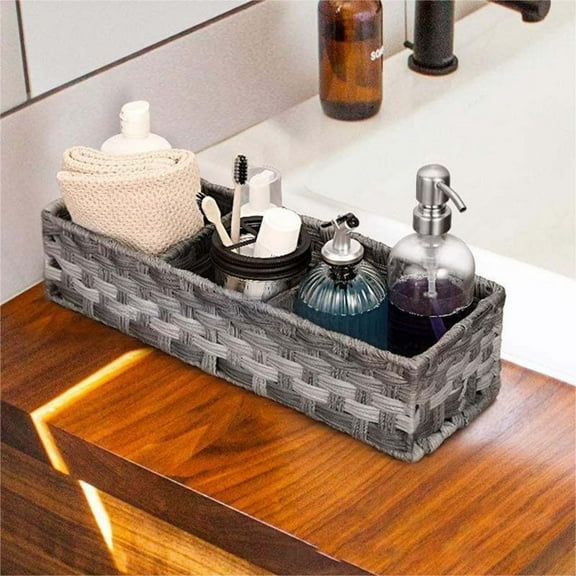 Bathroom Storage Baskets Wicker Toilet Paper Storage Basket with 3 Divider Rustic Decor, Toilet Paper Basket for Tank Topper,Woven Storage Box Cube Basket Bin Container