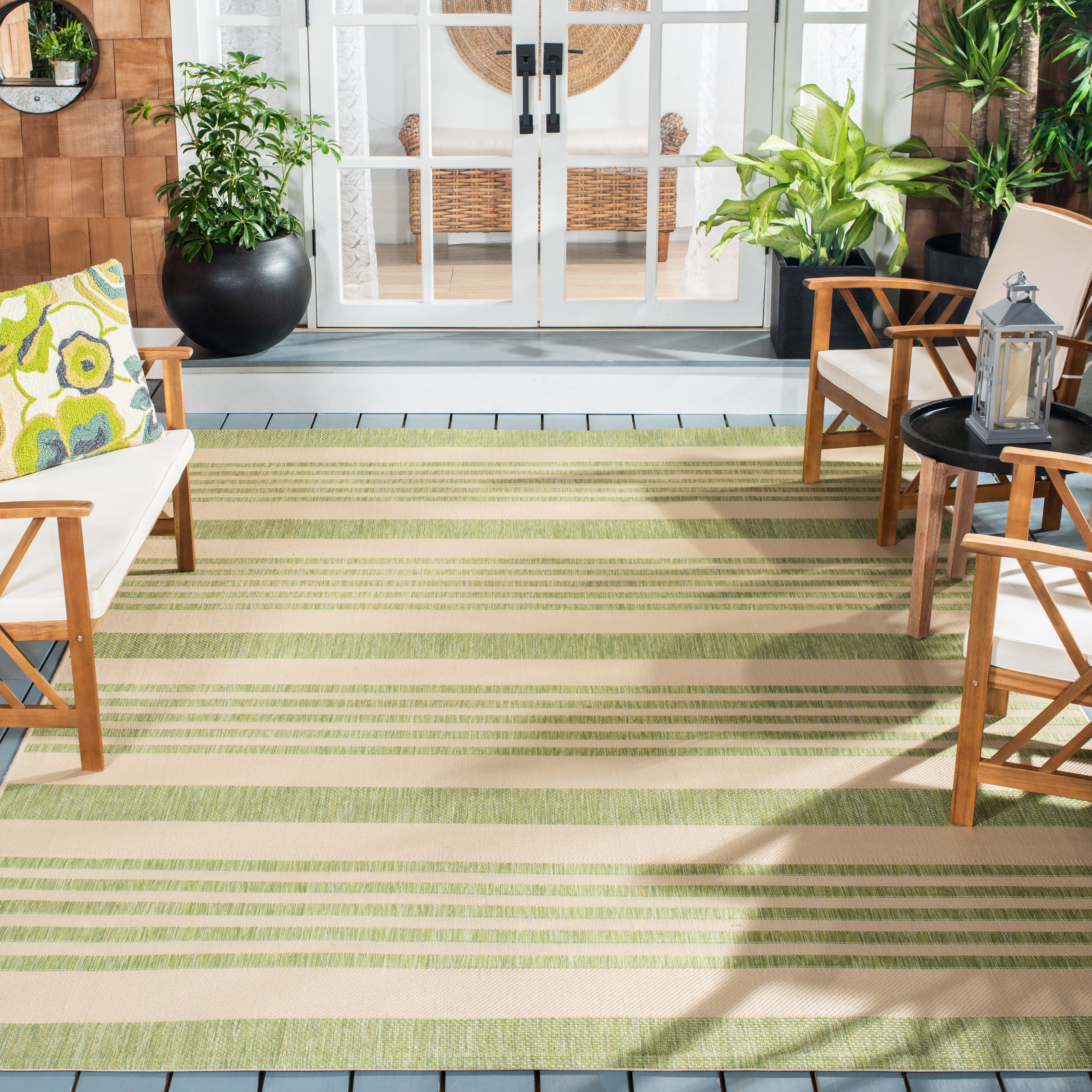 Safavieh Courtyard Caroline Striped Indoor/Outdoor Area Rug, Beige/Sweet Pea, 6'7" x 6'7" Square