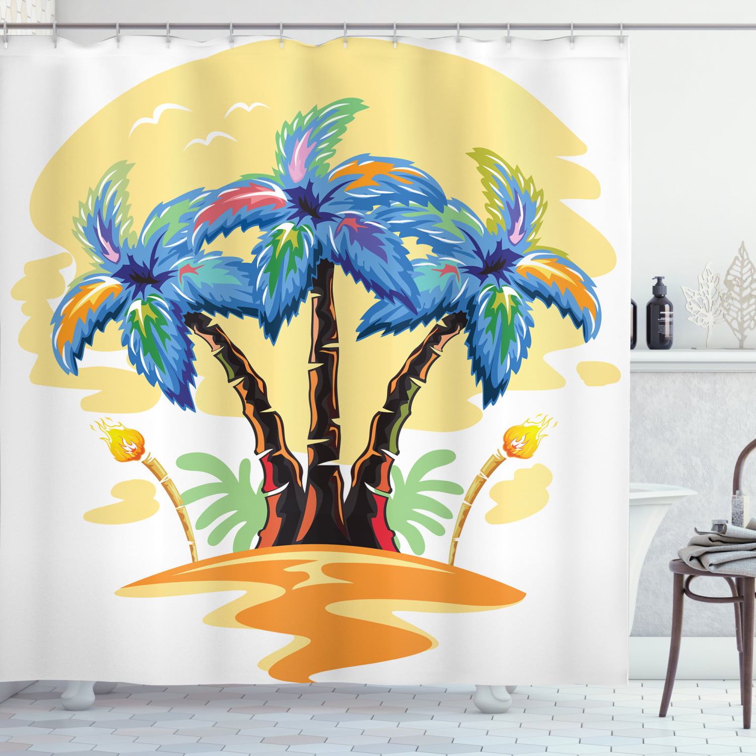 71'' Tropical Tree Design landscape Waterproof Fabric Shower Curtain&12 Hooks 