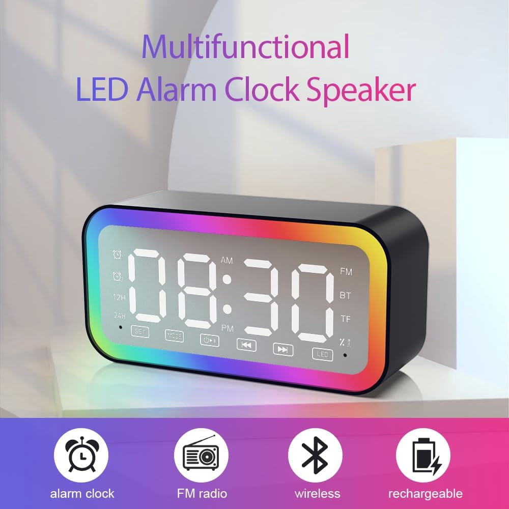 Alarm Clock with Bluetooth Speaker for Heavy Sleepers, Radio Digital Clock for Bedroom, Colorful LED Lights, USB Charger, LED Display Digital Alarm Clock for Christmas Teens Girls Boys (Black)
