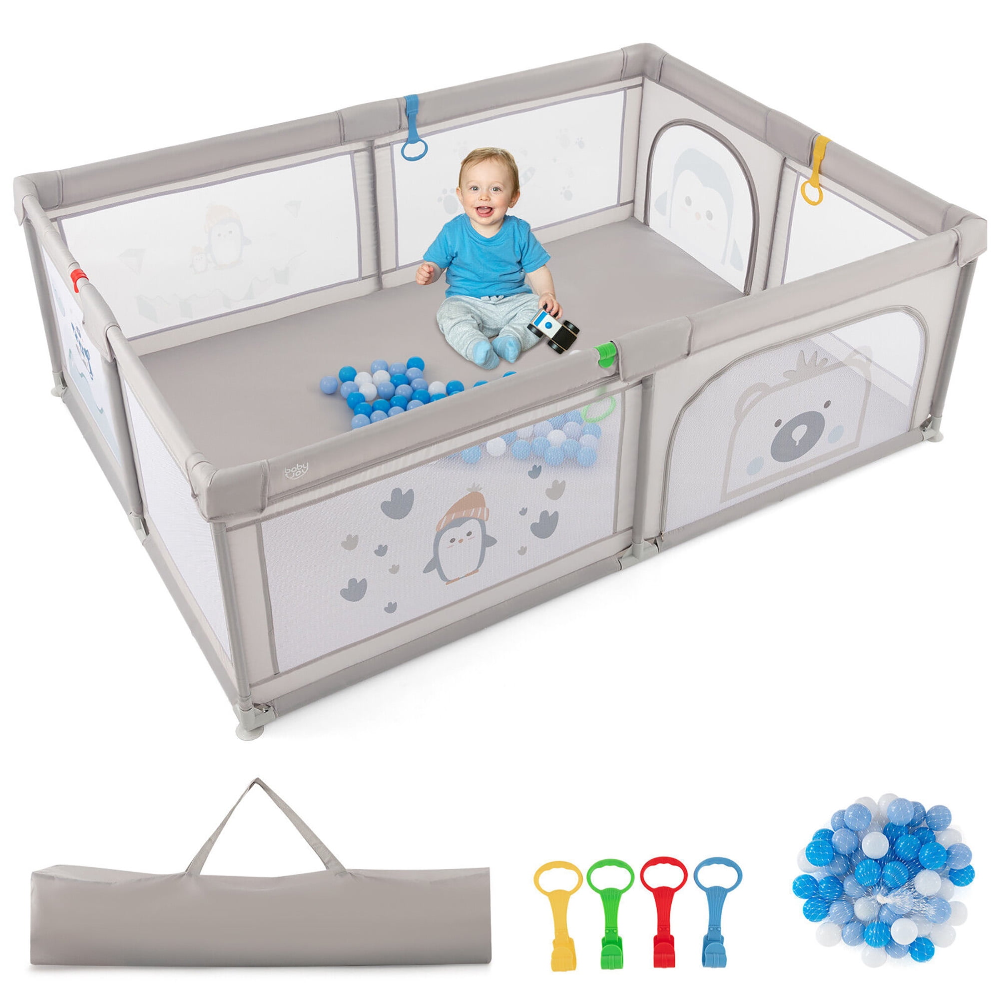 Gymax Large Baby Playpen Kids Play Yard Activity Center 81 x 57.5 Penguin Pattern Gray