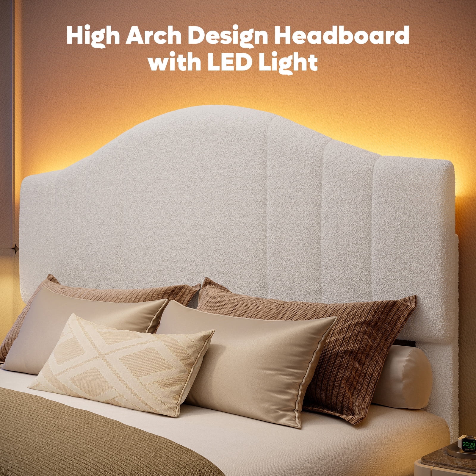 Pinmoco Queen Upholstered Bed Frame with Adjustable Arc-shaped Headboard, LED Platform Bed, Teddy Velvet White