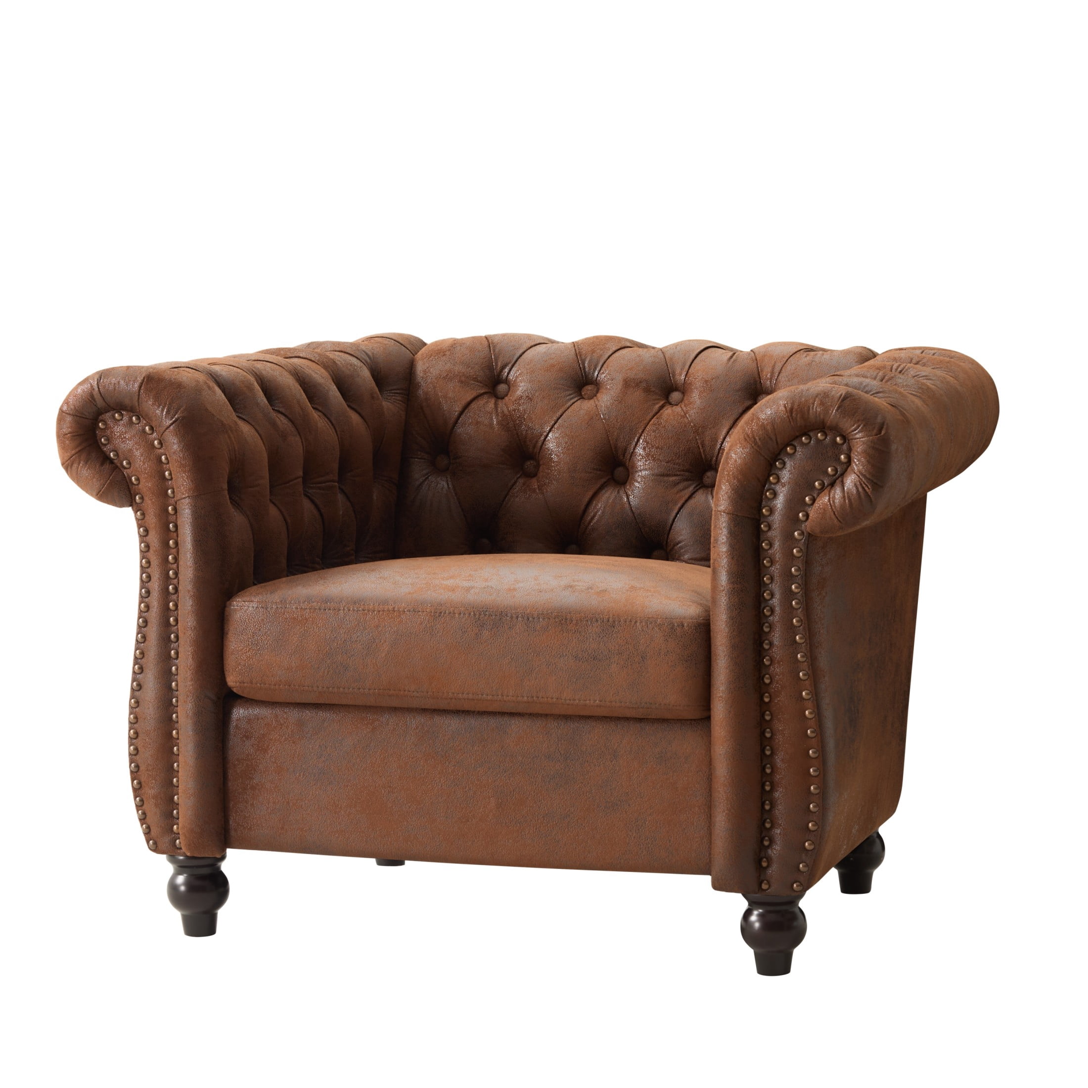 Christopher Knight Home Chesterfield Club Chair with Scrolled Arms and Solid Wood Legs, Brown