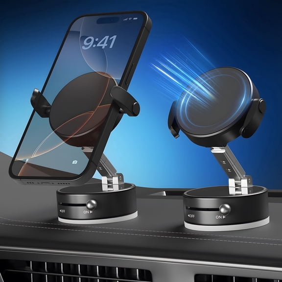 Keai 2-in-1 Magnetic Car Mount Phone Holder with 360° Adjustable Vacuum Suction Cup Compatible with iPhone Samsung Smartphones, Dashboard and Desk Use