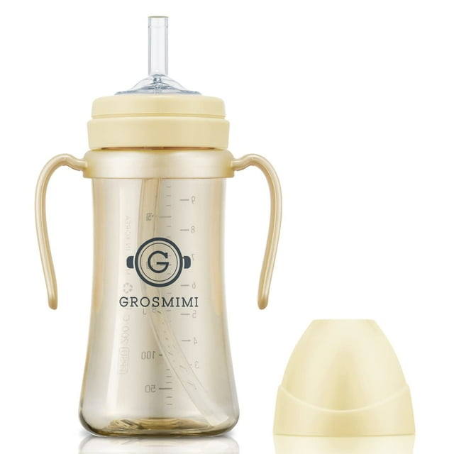 GROSMIMI Vaso mágico a prueba de derrames, sin derrames, con pajita y asa para bebés y niños pequeños, personalizable, PPSU, sin BPA, 10 oz (mantequilla)