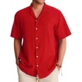 thumbnail image 2 of YOTMKGDO Shirts for Men, Men's Casual Fashion Solid Color Loose Trend Button Cuban Neck Short Sleeved Shirt Short Sleeve Button Down Men, Red X-Large, 2 of 8