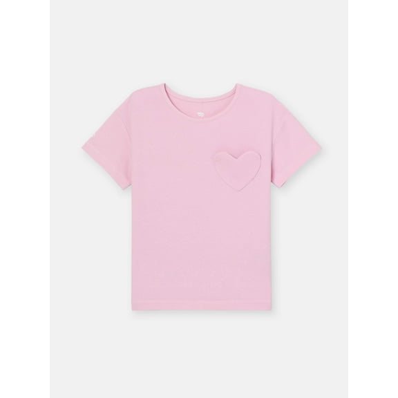 Solid Short Sleeve T-Shirt with Heart Pocket - Pink