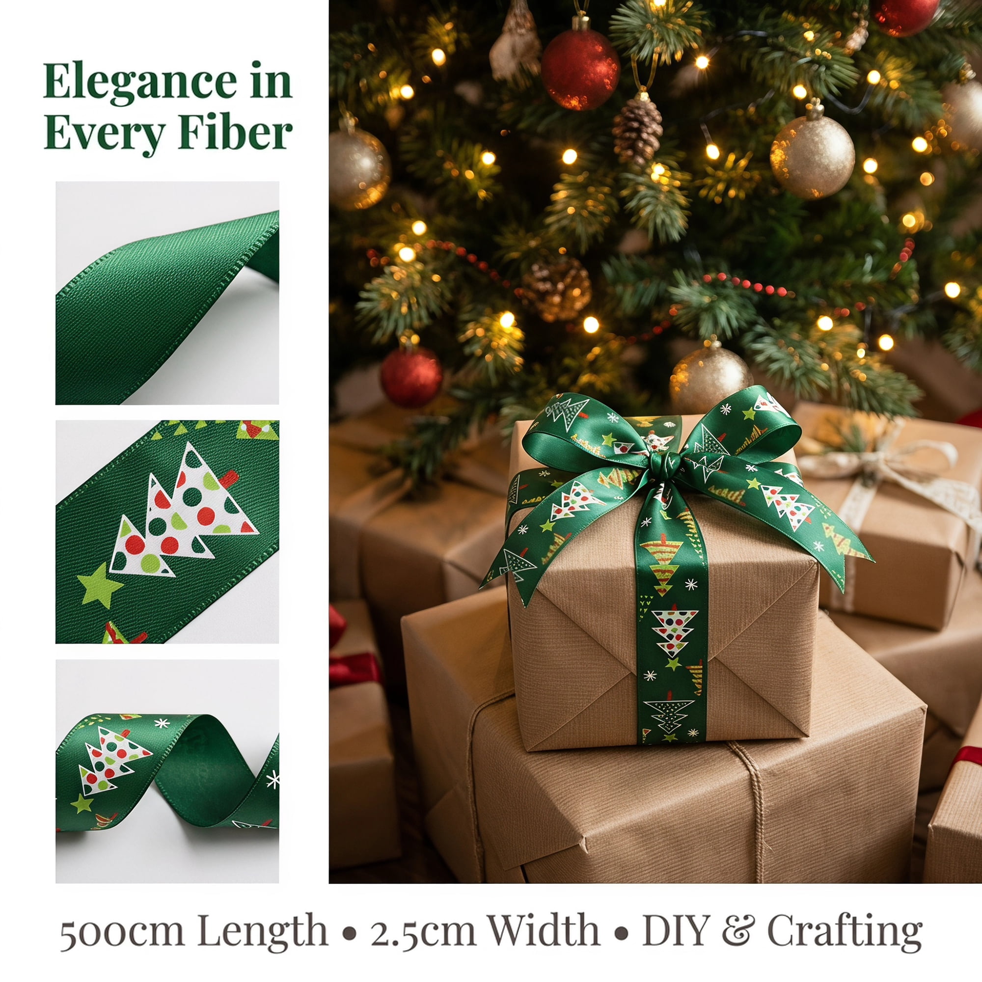Unique Bargains Premium Fabric Ribbon for Gift Wrapping Green Tree Pattern 5.5 Yard
