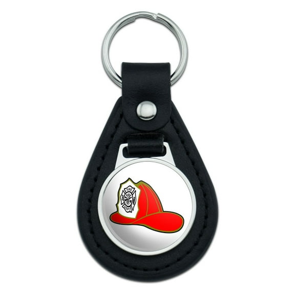 Fire Fighter Helmet Fire Department on White Black Leather Keychain