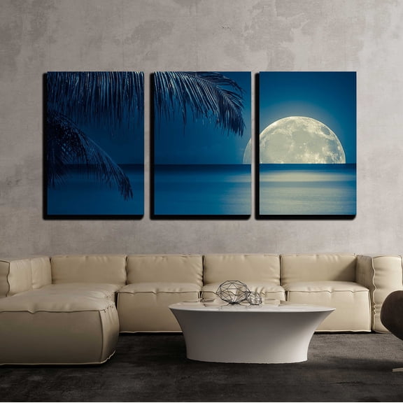 wall26 - 3 Piece Canvas Wall Art - Beautiful Full Moon Reflected on The Calm Water of a Tropical Beach (Toned in Blue) - Modern Home Art Stretched and Framed Ready to Hang - 16"x24"x3 Panel