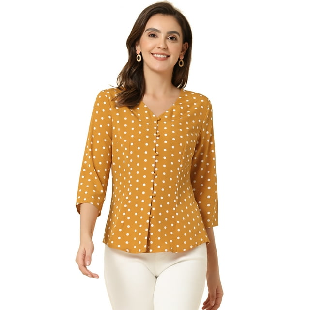 Top de blusa de oficina vintage Allegra K con botones de manga 3/4 lunares para mujer Amarillo XL