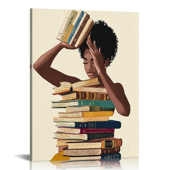 African American Books Wall Art, Black Girl Canvas Poster Prints, Book Lover Painting Wall Art, Modern Black Woman With Wall Decor for Bedroom Living Room