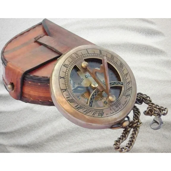 Vintage Nautical Maritime Pocket Brass Sundial Compass with Leather Case – Antique Handcrafted Gift for Collectors and Adventurers