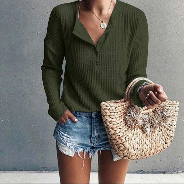 Womens Waffle Knit Tunic Top Long Sleeve V Neck Button up Casual Tops Ribbed Solid Color Henley T Shirts Blouse