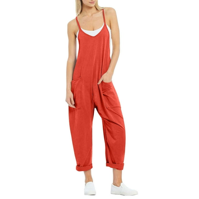 TrendOFT Jumpsuits For Women Casual Summer Solid Loose Pocket Spaghetti Strap Wide Leg Womens Overalls Rompers Red M