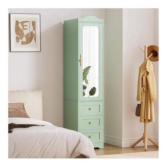 Armoire Wardrobe Closet, 69.5" H Wood Bedroom Armoires Cabinet with Mirror Door and 3 Drawers, Green Clothing Storage Cabinet with Hanging Rod & Sensor Light for Bedroom-Right