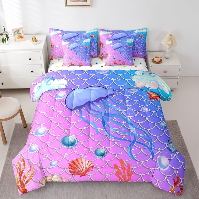 YST Jellyfish Ocean Animal Comforter Set, Glitter Mermaid Scale, 7-Piece, Full