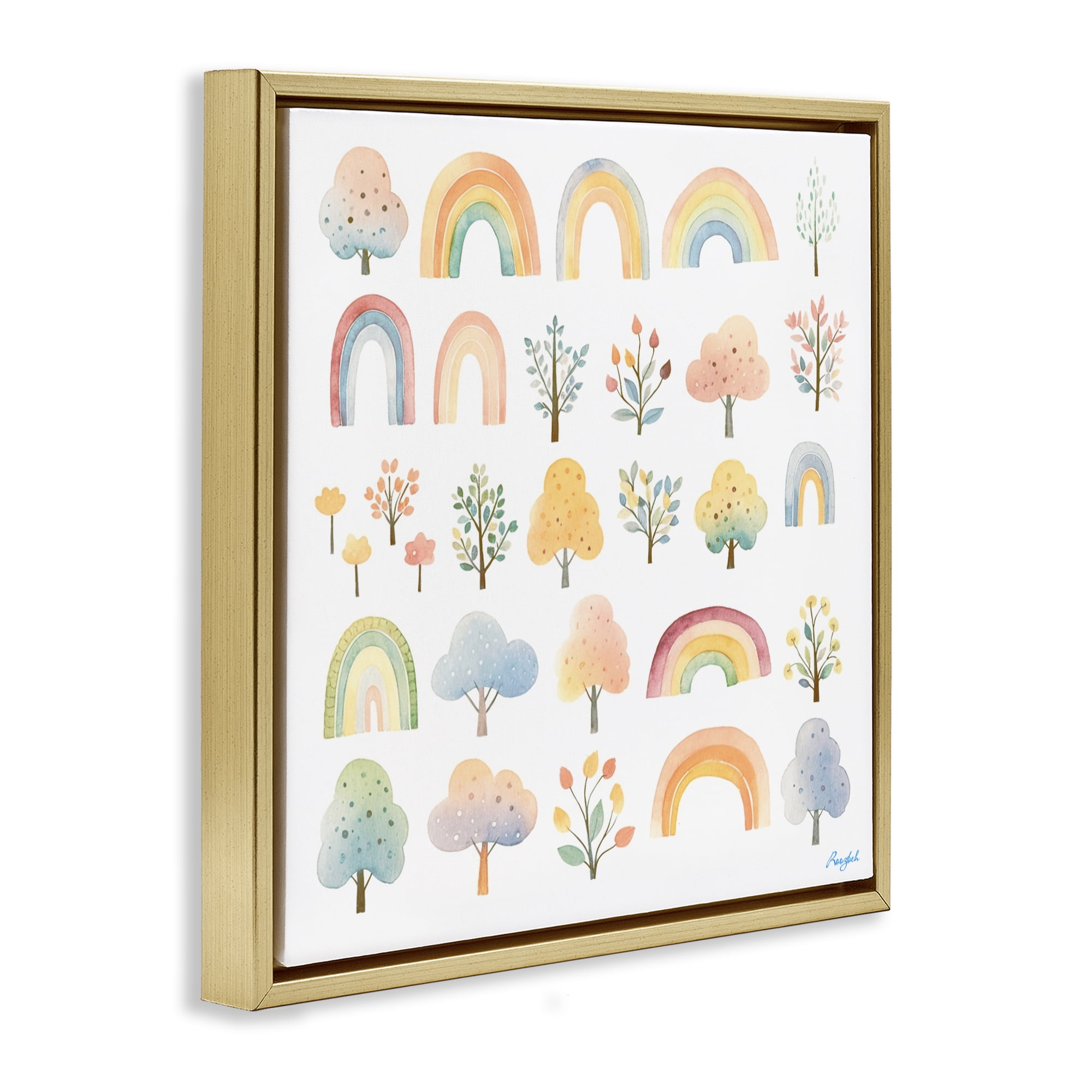 Stupell Industries Happy Rainbows & Foliage Gold Framed Floater Canvas Wall Art, design by Roozbeh