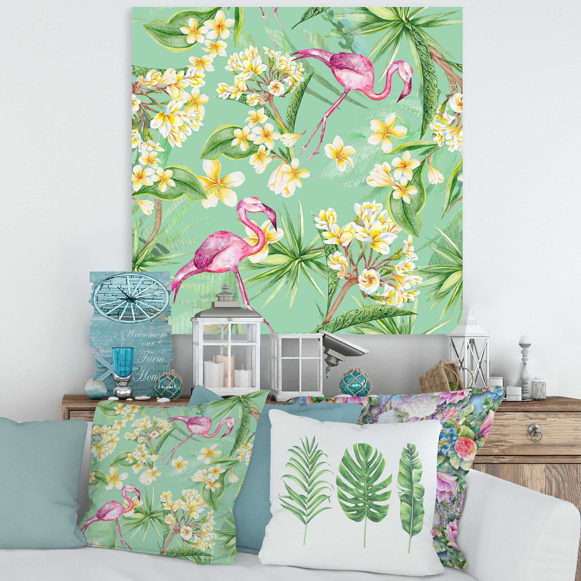Designart ' Yellow Flowers, Tropical Foliage With Flamingo V ' Traditional Canvas Wall Art Print