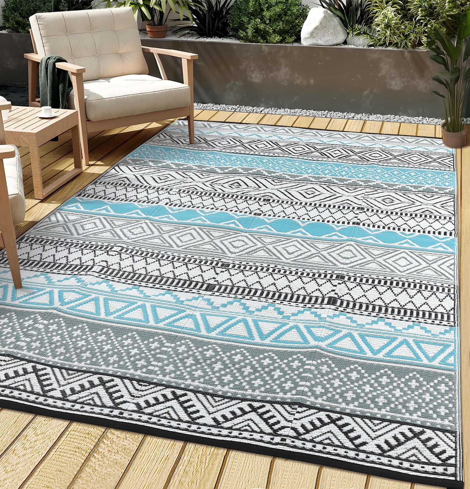 Waterproof Outdoor Rug Modern Patio Plastic Straw, Stain-Resistant Reversible RV Mat, Geometric Indoor Outdoor Carpet for Patio Camping Backyard Deck Garden
