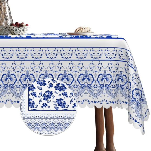 Blue Tablecloth for Rectangle Tables,Floral Linen Table Cloth,Table Cover for Dining Kitchen Decor Party Banquet,60x84
