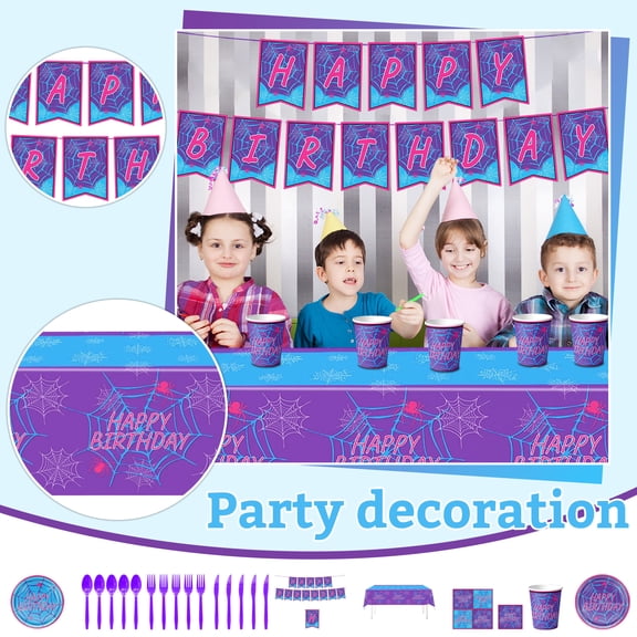 StlyGar Pink Spider Birthday Party Supplies Spider Theme Paper Plates and Napkins Super Theme Happy Birthday Tableware Set Pink Purple Ghost Spiders Decor Sets