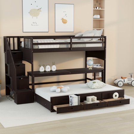 Bornmio Stairway Twin XL Loft Bed with Twin Size Trundle and 3 Drawers  Storage  Desk  Espresso